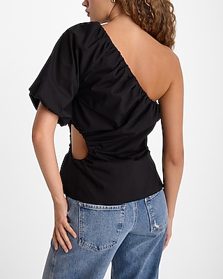 One Shoulder Puff Sleeve Ruched Cutout Top