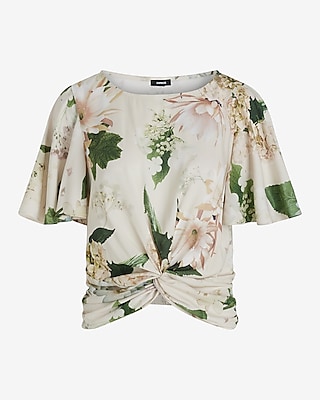 Floral Crew Neck Flutter Sleeve Twist Front Top