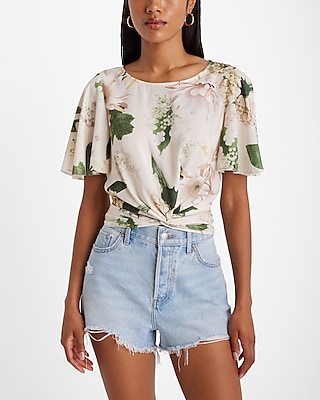 Floral Crew Neck Flutter Sleeve Twist Front Top