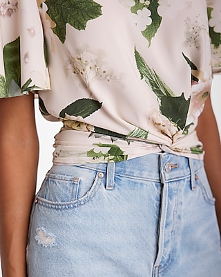 Floral Crew Neck Flutter Sleeve Twist Front Top