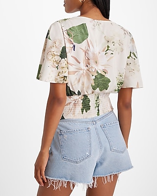 Floral Crew Neck Flutter Sleeve Twist Front Top