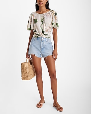 Floral Crew Neck Flutter Sleeve Twist Front Top