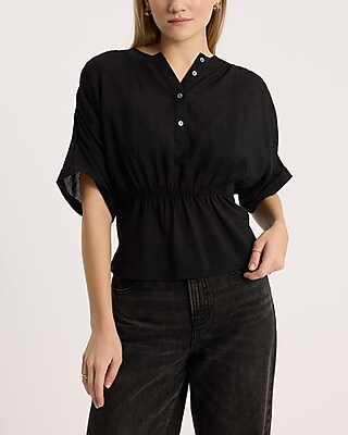 Short Sleeve Half Button Cinched Waist Top