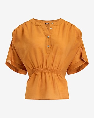 Short Sleeve Half Button Cinched Waist Top