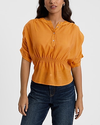 Short Sleeve Half Button Cinched Waist Top