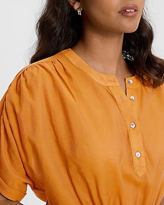 Short Sleeve Half Button Cinched Waist Top