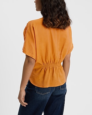 Short Sleeve Half Button Cinched Waist Top