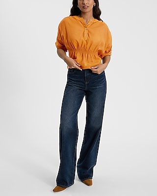 Short Sleeve Half Button Cinched Waist Top