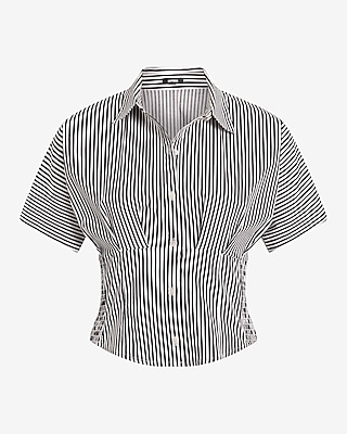 Striped Short Sleeve Pleated Cinched Waist Shirt