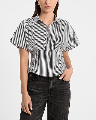 Striped Short Sleeve Pleated Cinched Waist Shirt