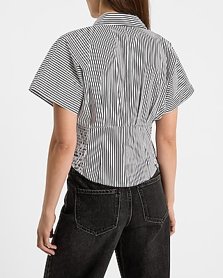 Striped Short Sleeve Pleated Cinched Waist Shirt