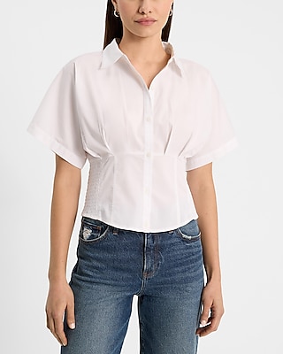 Short Sleeve Pleated Cinched Waist Shirt