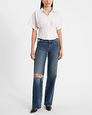 Short Sleeve Pleated Cinched Waist Shirt