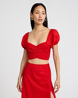 Linen-blend Puff Sleeve Smocked Cropped Top