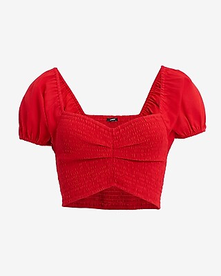 Linen-Blend Puff Sleeve Smocked Cropped Top
