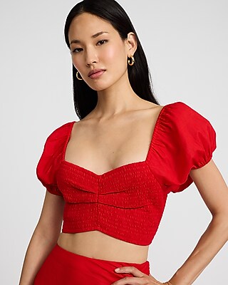 Linen-Blend Puff Sleeve Smocked Cropped Top