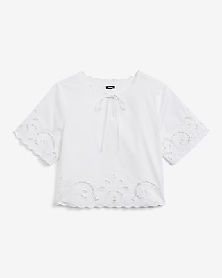 Eyelet Bow Tie Front Scalloped Hem Short Sleeve Top