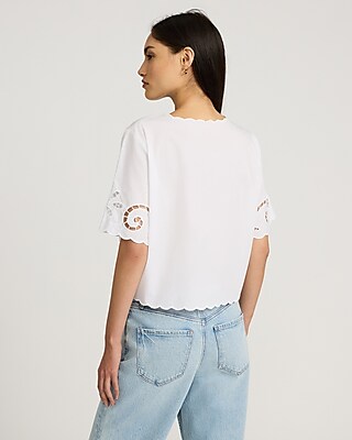 Eyelet Bow Tie Front Scalloped Hem Short Sleeve Top