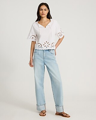 Eyelet Bow Tie Front Scalloped Hem Short Sleeve Top