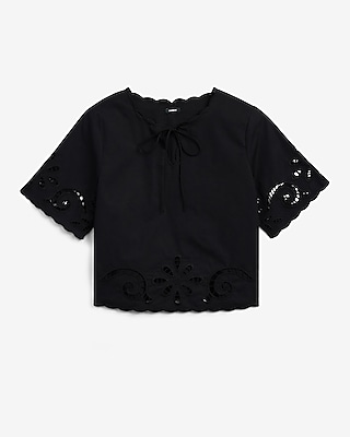 Eyelet Bow Tie Front Scalloped Hem Short Sleeve Top