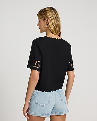 Eyelet Bow Tie Front Scalloped Hem Short Sleeve Top