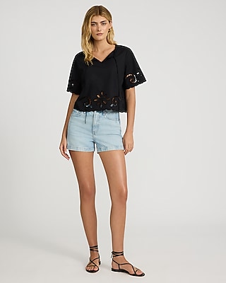 Eyelet Bow Tie Front Scalloped Hem Short Sleeve Top