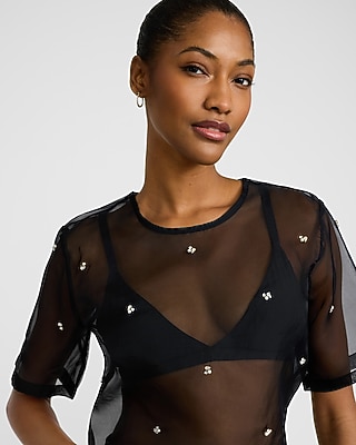 Embellished Sheer Organza Crew Neck Short Sleeve Tee | Express