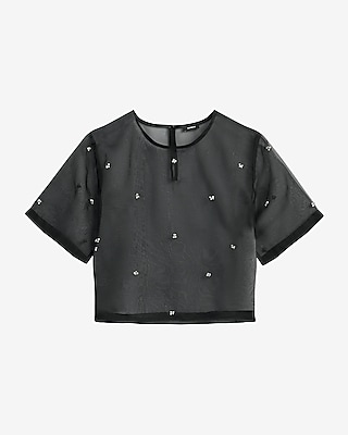 Embellished Sheer Organza Crew Neck Short Sleeve Tee