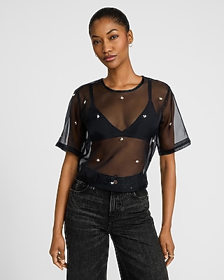 Embellished Sheer Organza Crew Neck Short Sleeve Tee