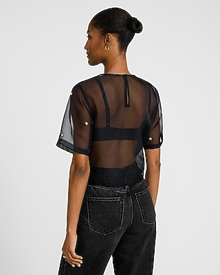 Embellished Sheer Organza Crew Neck Short Sleeve Tee
