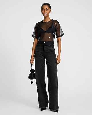 Embellished Sheer Organza Crew Neck Short Sleeve Tee