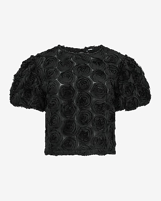 Rosette Crew Neck Puff Sleeve Top