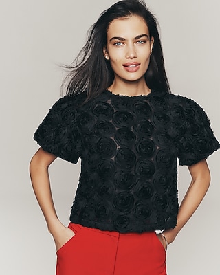 Rosette Crew Neck Puff Sleeve Top
