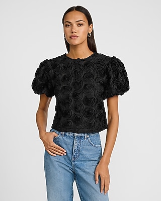 Rosette Crew Neck Puff Sleeve Top