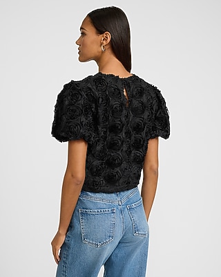 Rosette Crew Neck Puff Sleeve Top