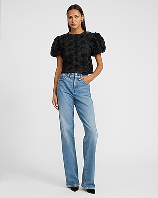 Rosette Crew Neck Puff Sleeve Top