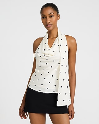 Satin Polka Dot Halter Cowl Neck Scarf Top