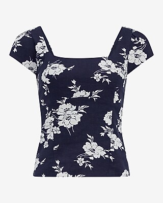 Linen-Blend Floral Square Neck Cap Sleeve Top