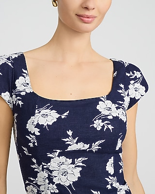 Linen-Blend Floral Square Neck Cap Sleeve Top