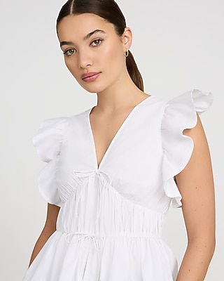 Stretch Cotton V-neck Flutter Sleeve Tie Front Top | Express
