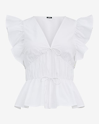 Stretch Cotton V-Neck Flutter Sleeve Tie Front Top