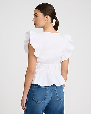 Stretch Cotton V-Neck Flutter Sleeve Tie Front Top