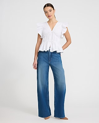 Stretch Cotton V-Neck Flutter Sleeve Tie Front Top