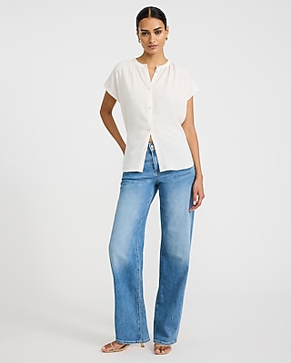 Crew Neck Short Sleeve Novelty Button Front Top