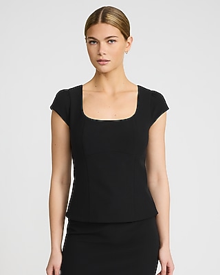 Studio Stretch Twill Square Neck Cap Sleeve Tailored Top | Express
