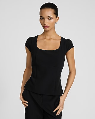 Studio Stretch Twill Square Neck Cap Sleeve Tailored Top