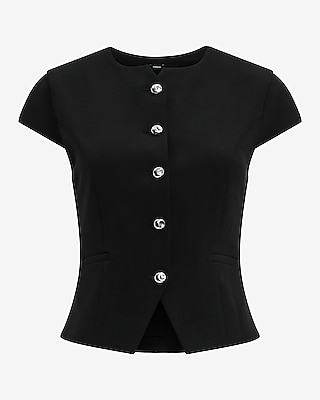 Studio Stretch Twill Novelty Button Short Sleeve Tailored Top