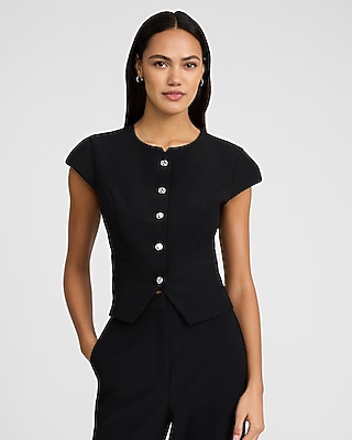 Studio Stretch Twill Novelty Button Short Sleeve Tailored Top