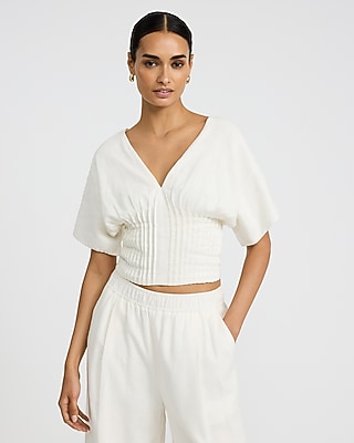 Summer-blend Linen V-neck Short Sleeve Pintuck Smocked Back Top