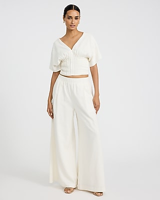 Summer-blend Linen V-neck Short Sleeve Pintuck Smocked Back Top